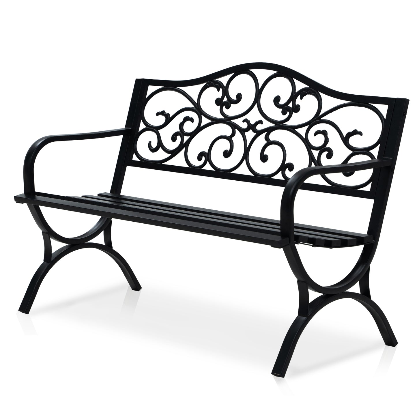 50" Metal Outdoor Garden Bench Floral Pattern Black