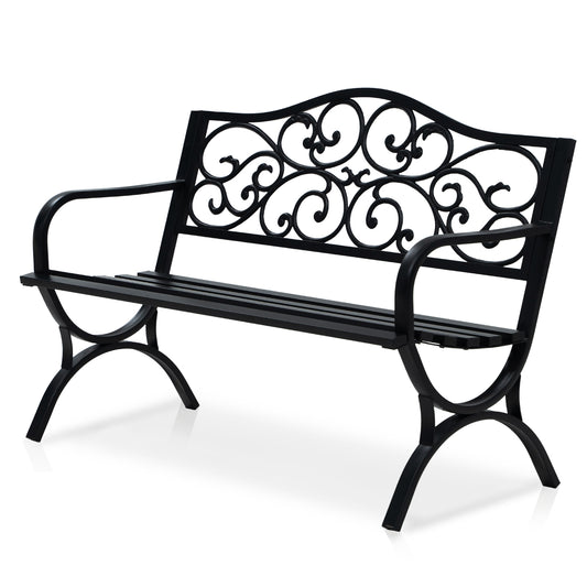 50" Metal Outdoor Garden Bench Floral Pattern Black
