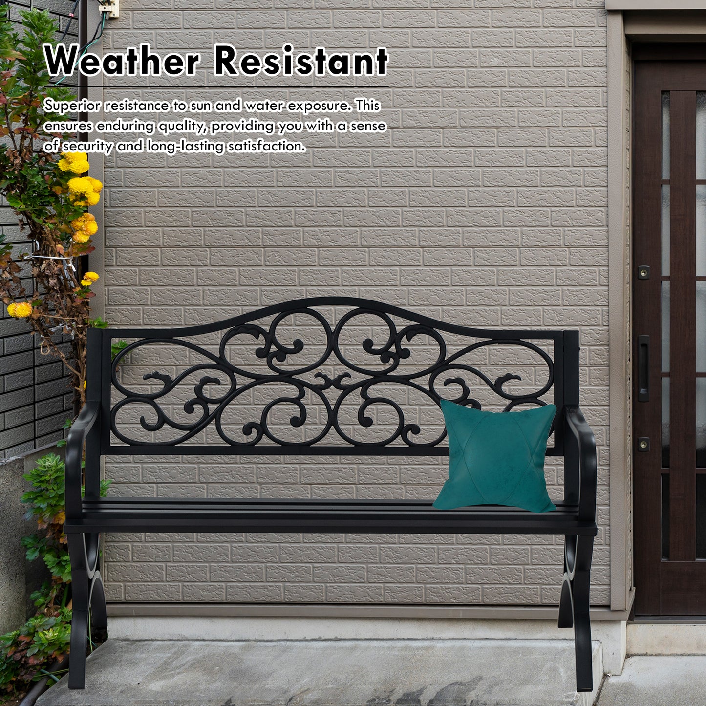 50" Metal Outdoor Garden Bench Floral Pattern Black