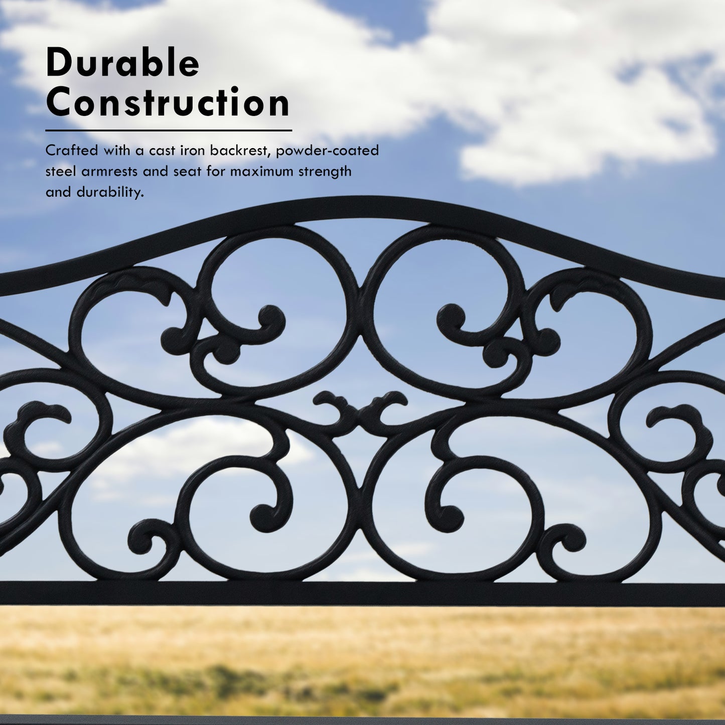 50" Metal Outdoor Garden Bench Floral Pattern Black