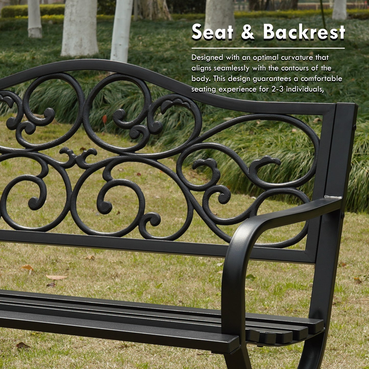 50" Metal Outdoor Garden Bench Floral Pattern Black