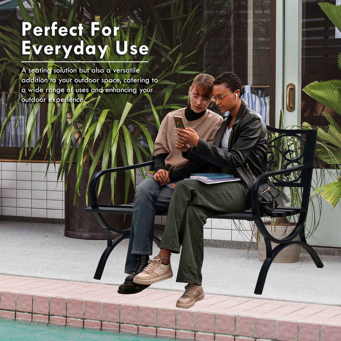 50" Metal Outdoor Garden Bench Floral Pattern Black