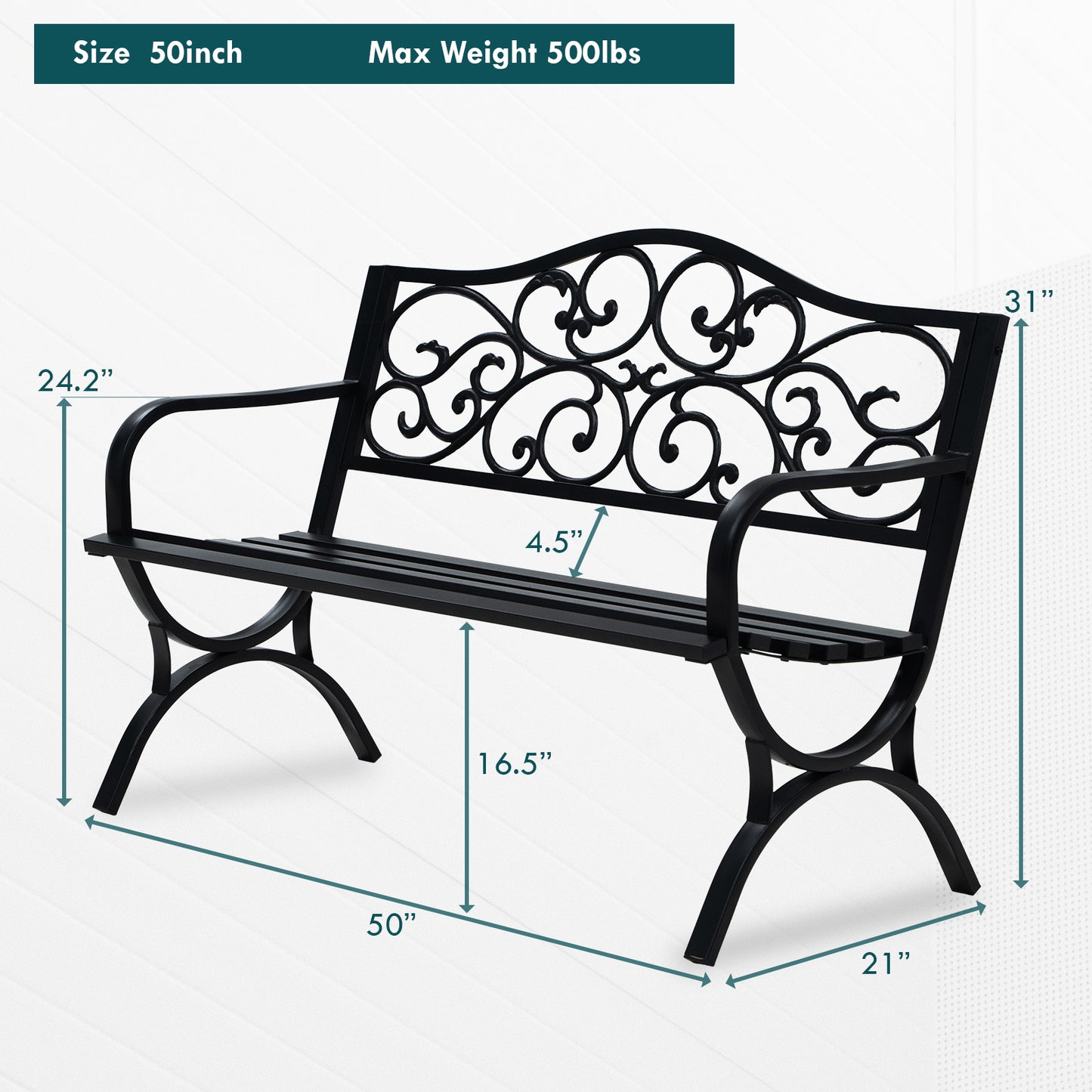 50" Metal Outdoor Garden Bench Floral Pattern Black