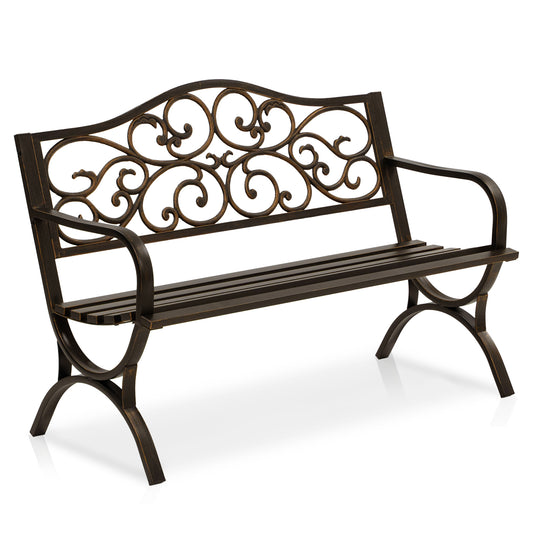 50" Metal Outdoor Garden Bench Floral Pattern Bronze