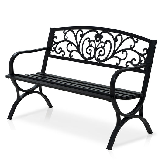 50" Metal Outdoor Garden Bench Flower Pattern Black