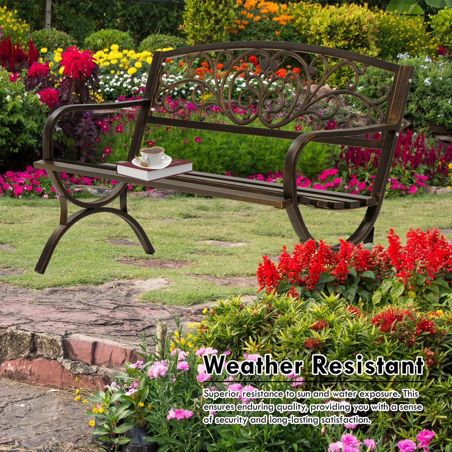 50" Metal Outdoor Garden Bench Flower Pattern Bronze