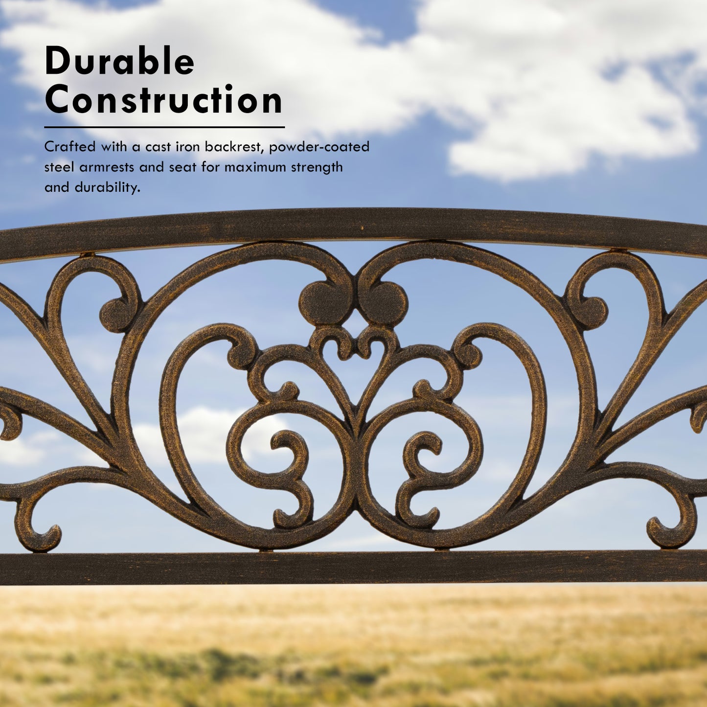 50" Metal Outdoor Garden Bench Flower Pattern Bronze