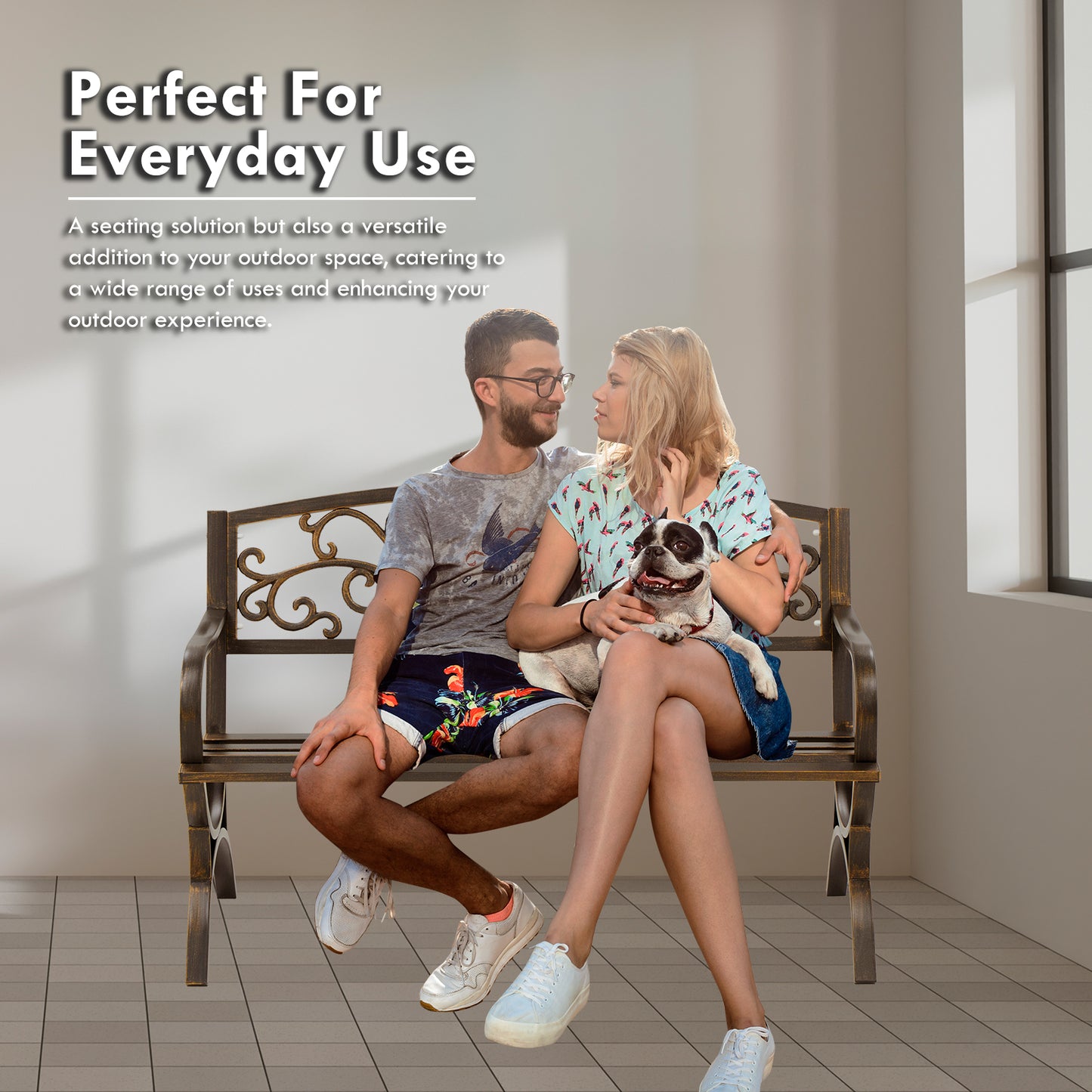 50" Metal Outdoor Garden Bench Flower Pattern Bronze