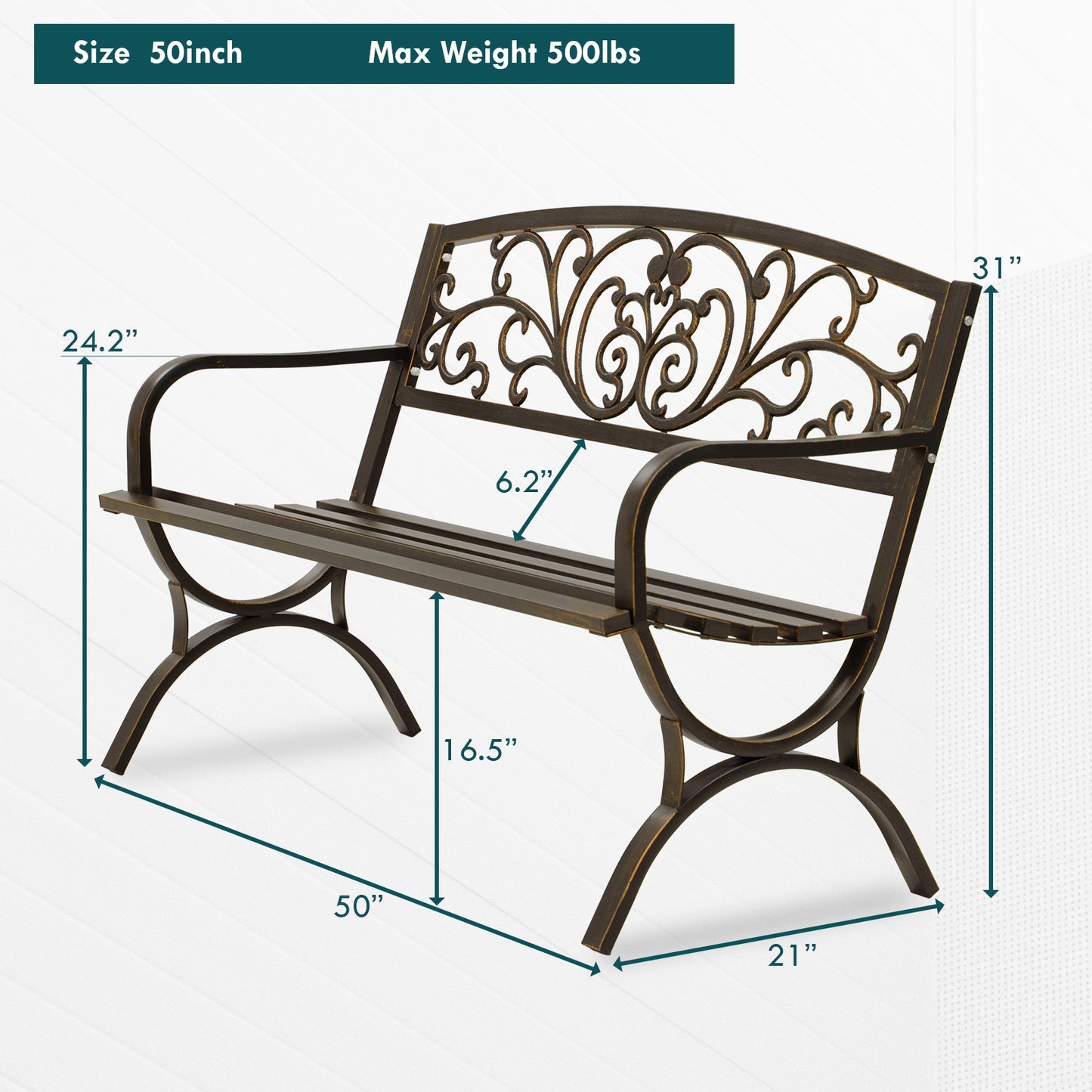 50" Metal Outdoor Garden Bench Flower Pattern Bronze
