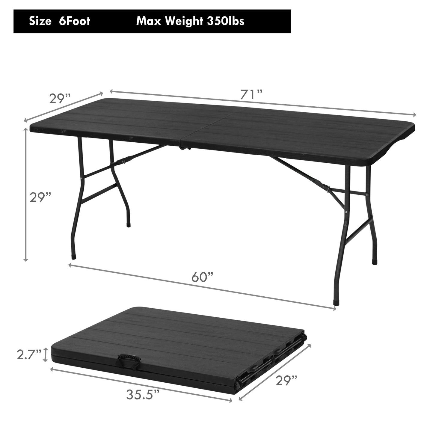 6 Foot Rectangular Folding Table Black Wood Style