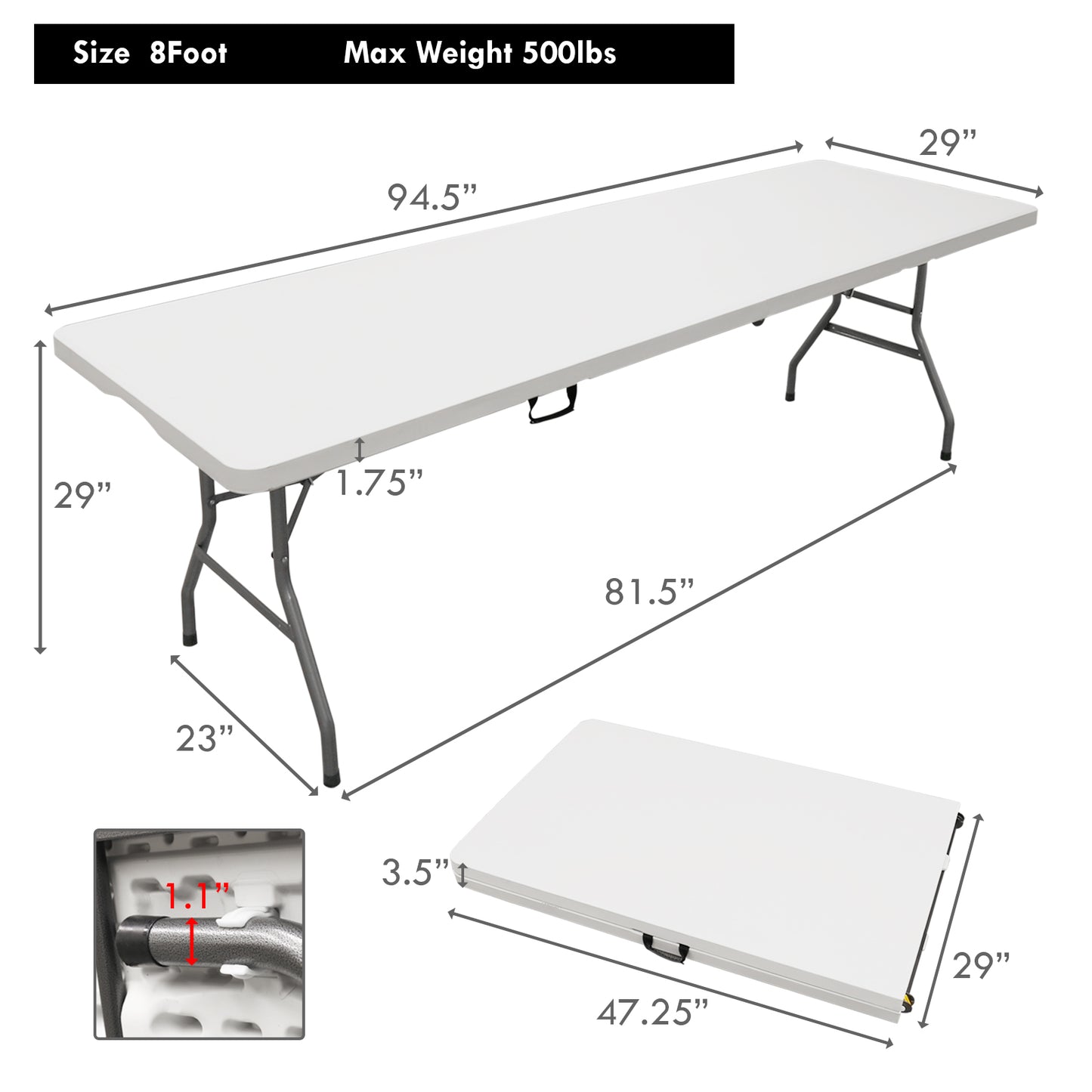8 Foot Rectangular Folding Table White