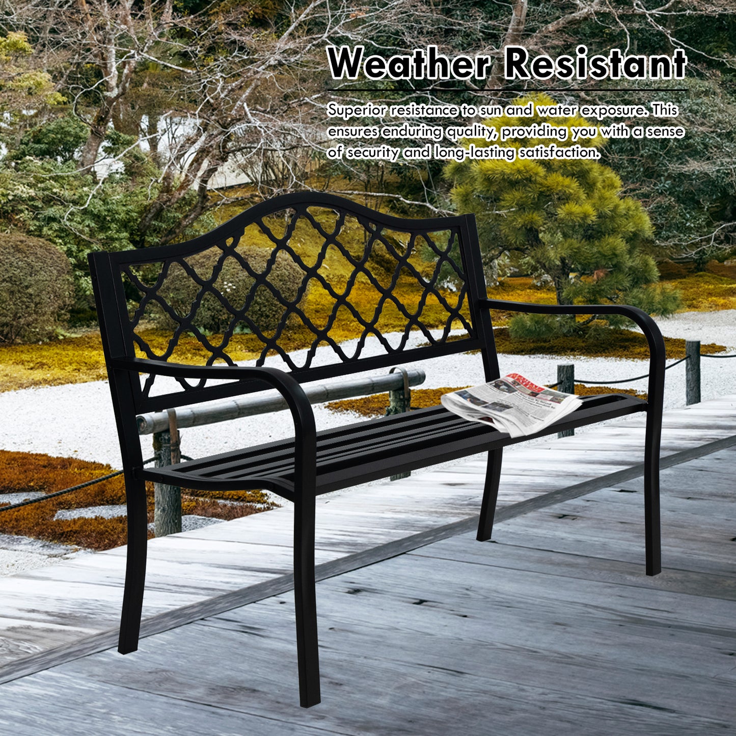 50" Metal Outdoor Garden Bench Diamond Pattern Black