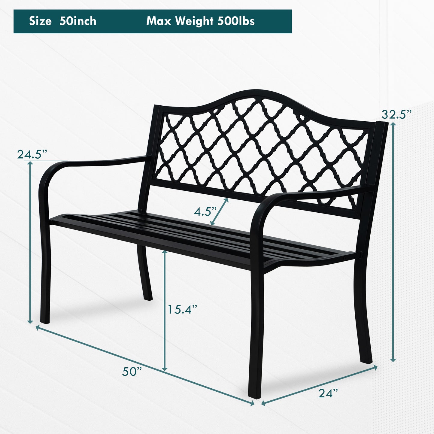 50" Metal Outdoor Garden Bench Diamond Pattern Black