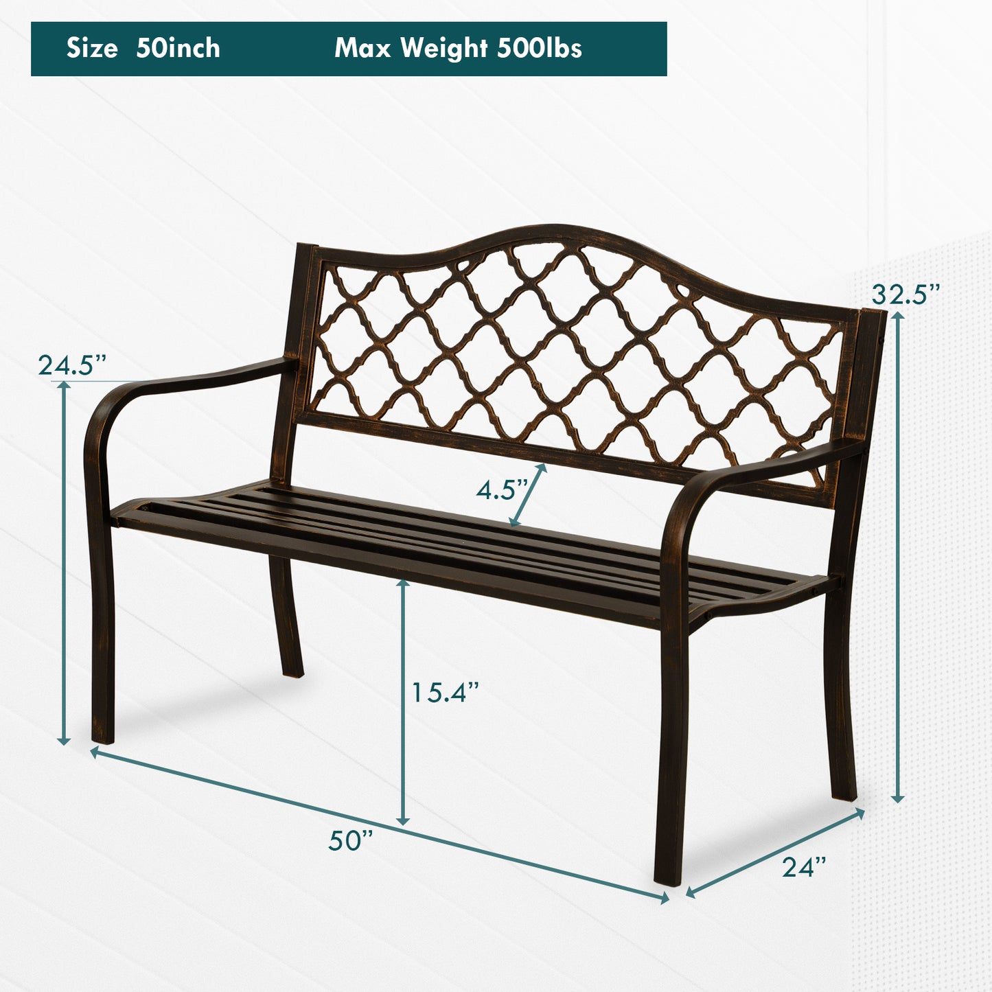 50" Metal Outdoor Garden Bench Diamond Pattern Bronze