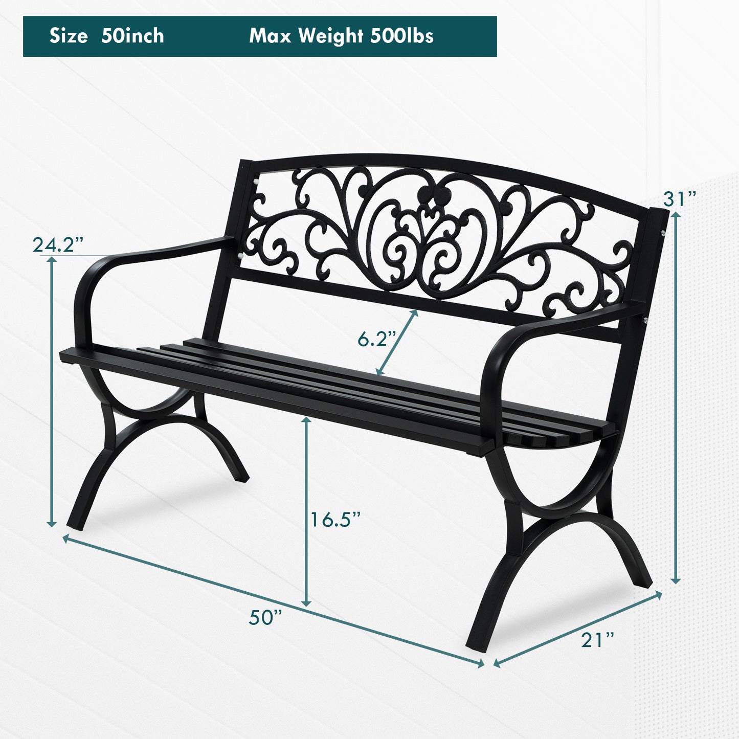 50" Metal Outdoor Garden Bench Flower Pattern Black