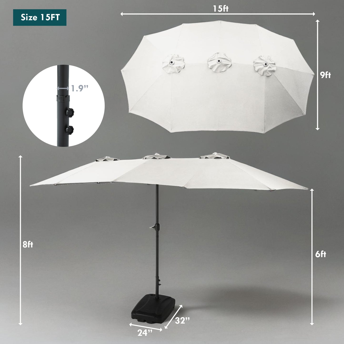 15FT Large Patio Umbrella Cream White with Heavy Duty Rolling Base