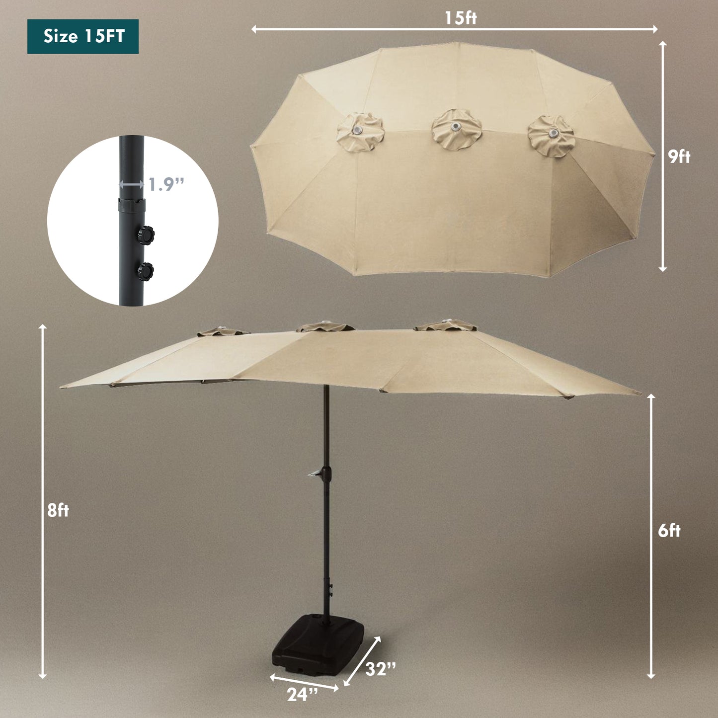 15FT Large Patio Umbrella Beige with Heavy Duty Rolling Base