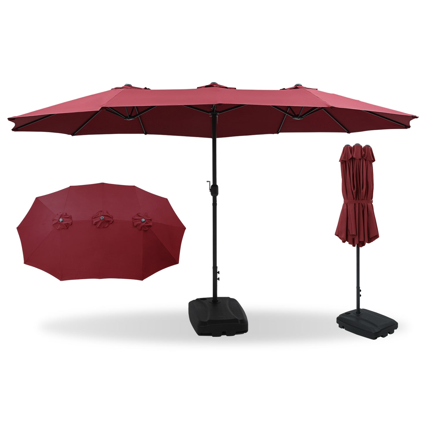 15FT Large Patio Umbrella Burgundy with Heavy Duty Rolling Base