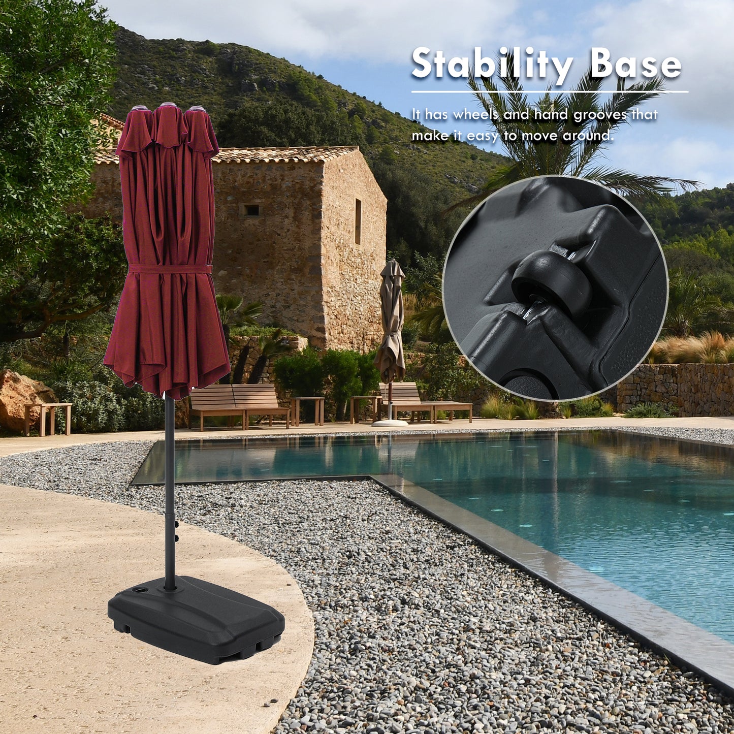 15FT Large Patio Umbrella Burgundy with Heavy Duty Rolling Base