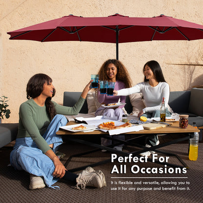 15FT Large Patio Umbrella Burgundy with Heavy Duty Rolling Base