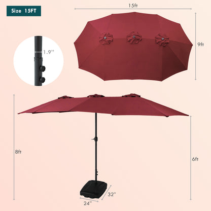 15FT Large Patio Umbrella Burgundy with Heavy Duty Rolling Base