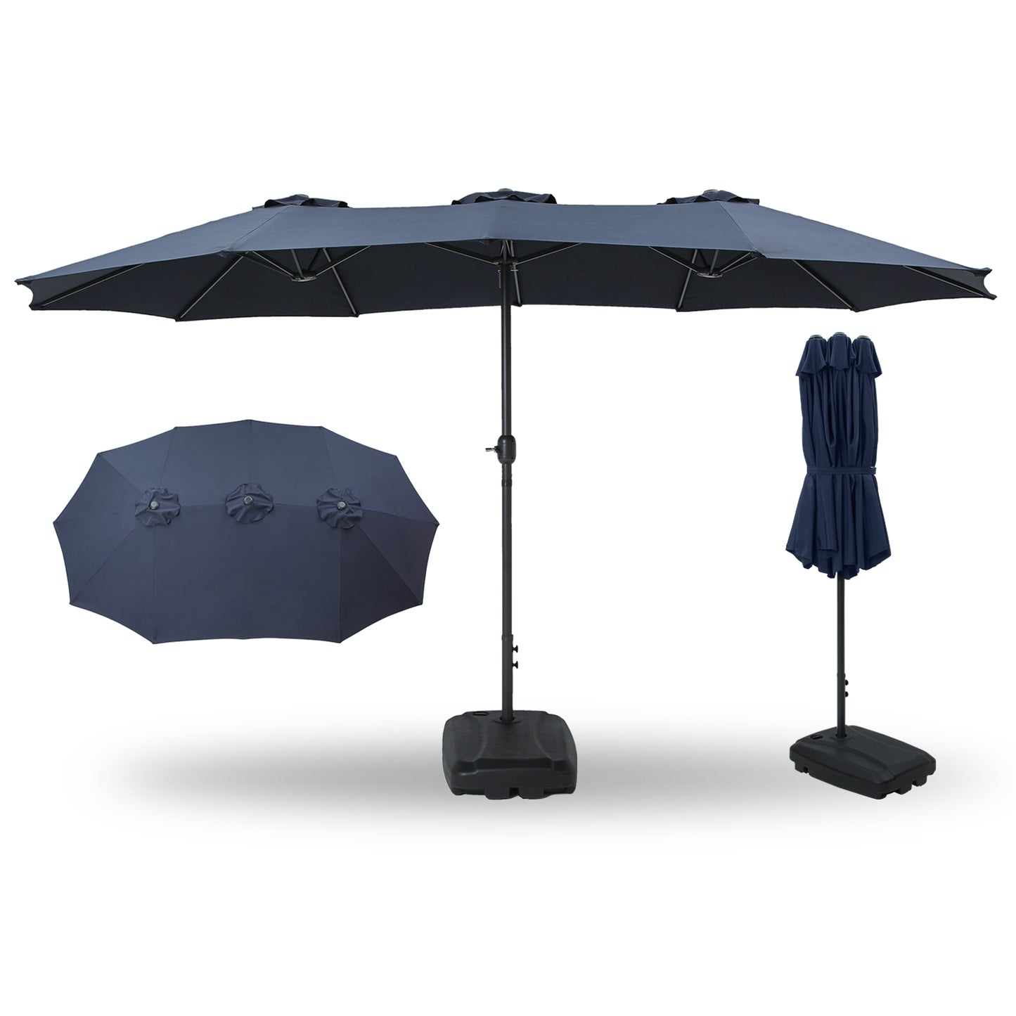 15FT Large Patio Umbrella Navy Blue with Heavy Duty Rolling Base