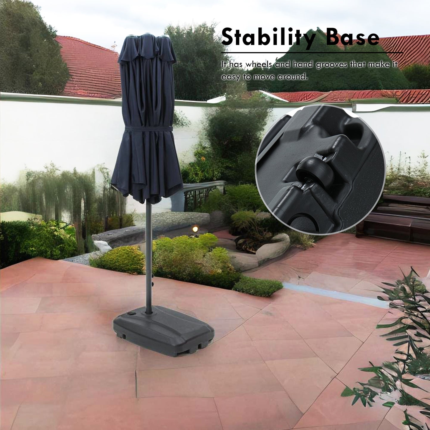 15FT Large Patio Umbrella Navy Blue with Heavy Duty Rolling Base