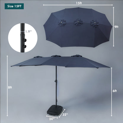 15FT Large Patio Umbrella Navy Blue with Heavy Duty Rolling Base